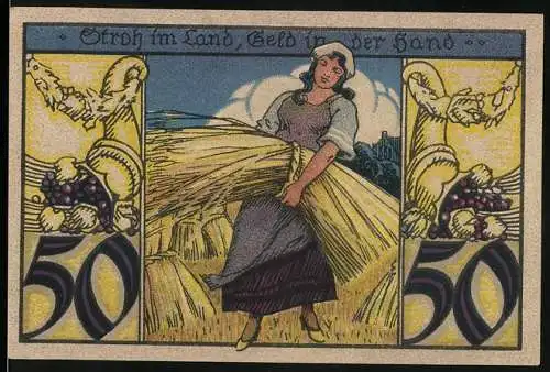 Notgeld Twistringen 1921, 50 Pfennig, Frau mit Getreidebündel und dekorative Schrift