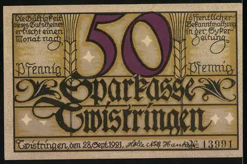 Notgeld Twistringen 1921, 50 Pfennig, Frau mit Getreidebündel und dekorative Schrift