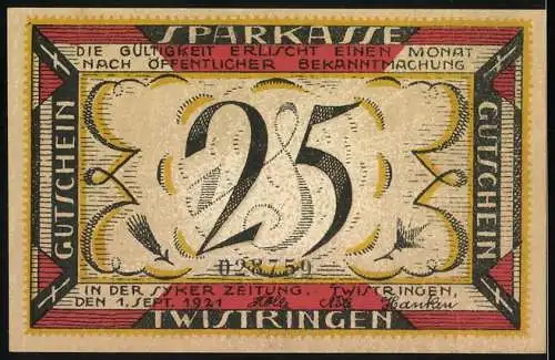 Notgeld Twistringen, 1921, 25 Pfennig, Illustration eines Mannes an Webstuhl von G. Rohde, Serie A, Nr. 88750