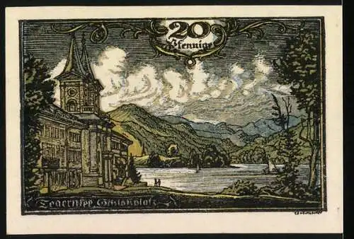 Notgeld Tegernsee 1921, 20 Pfennig, Wappen und Landschaft mit Schlossplatz