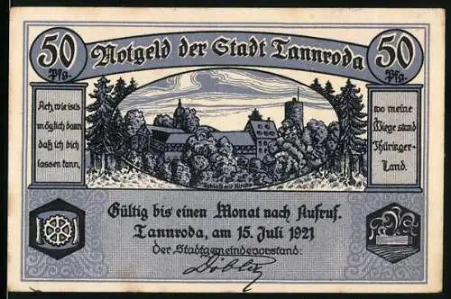 Notgeld Tannroda 1921, 50 Pfennig, Stadtansicht und Wappen der Stadt in Thüringen