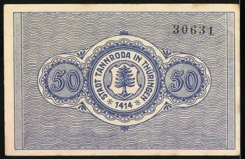 Notgeld Tannroda 1921, 50 Pfennig, Stadtansicht und Wappen der Stadt in Thüringen