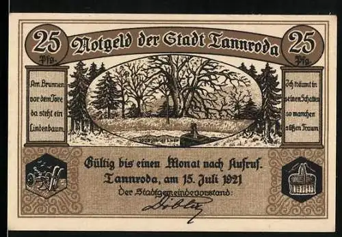 Notgeld Tannroda, 1921, 25 Pfennig, Landschaftsszene mit Bäumen, gültig bis 15. Juli 1921, Rückseite mit Stadtwappen