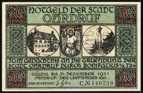 Notgeld Ohrdruf, 1921, 50 Pfennig, St. Michael erscheint dem Bonifatius nachts im Traume, Gültig bis 31. Dezember 1921