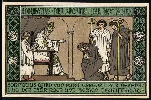Notgeld Ohrdruf 1921, 50 Pfennig, Bonifatius und Papst Gregor II, Gründung der Stadt durch Bonifatius