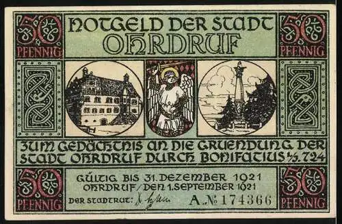 Notgeld Ohrdruf 1921, 50 Pfennig, Bonifatius und Papst Gregor II, Gründung der Stadt durch Bonifatius