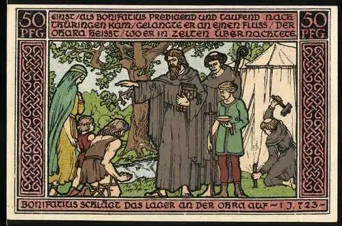 Notgeld Ohrdruf, 1921, 50 Pfennig, Bonifatius schlägt das Lager an der Ohra auf