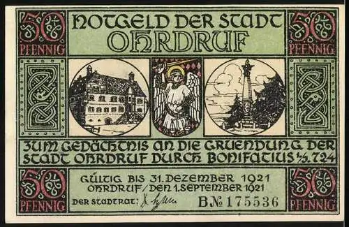 Notgeld Ohrdruf, 1921, 50 Pfennig, Bonifatius schlägt das Lager an der Ohra auf