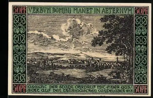 Notgeld Ohrdruf 1921, 50 Pfennig, Ansicht der Stadt und Gedenknotiz zur Stadtgründung 724 durch Bonifatius