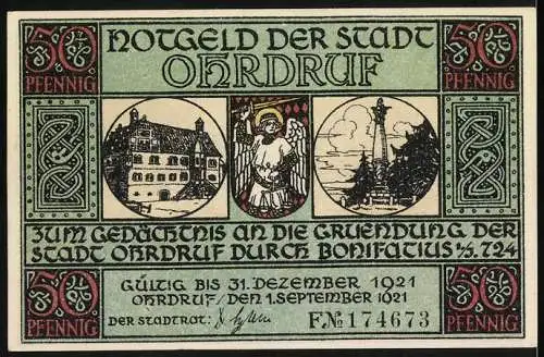 Notgeld Ohrdruf 1921, 50 Pfennig, Ansicht der Stadt und Gedenknotiz zur Stadtgründung 724 durch Bonifatius