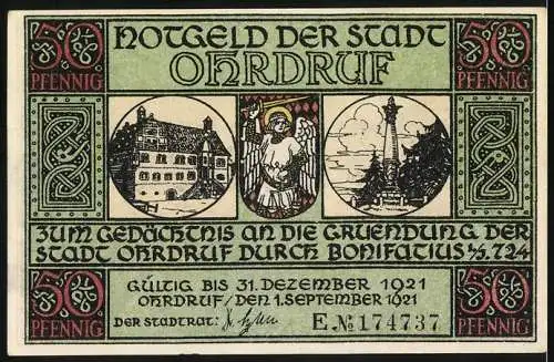 Notgeld Ohrdruf 1921, 50 Pfennig, Bau einer Kapelle an der Ohra durch Bonifatius