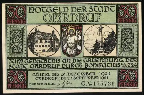 Notgeld Ohrdruf 1921, 50 Pfennig, St. Michael erscheint dem Bonifatius nachts im Traume