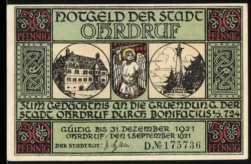 Notgeld Ohrdruf, 1921, 50 Pfennig, Gedenkschein zur Gründung durch Bonifatius 724, mit Abbildung von Bonifatius