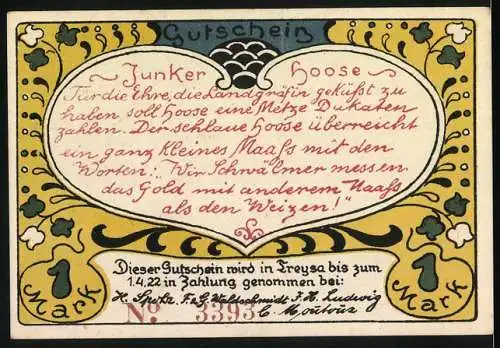 Notgeld Treysa 1922, 1 Mark, Hoose überreicht die Metze Dukaten, Gutschein gültig in Treysa