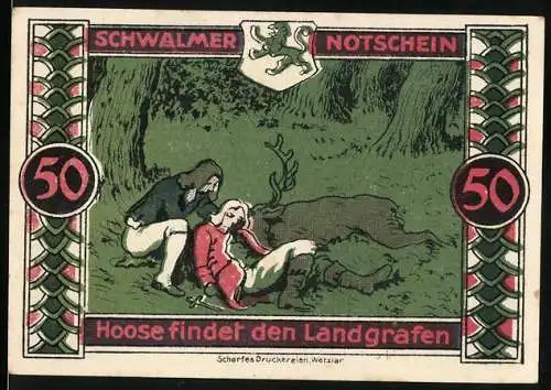 Notgeld Treysa 1921, 50 Pfennig, Hans Hoose findet den Landgrafen auf der Jagd und bringt ihn nach Hause