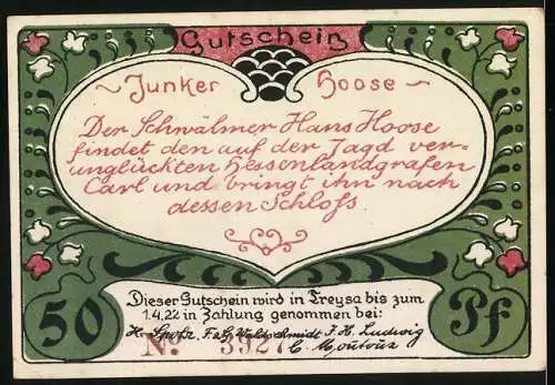 Notgeld Treysa 1921, 50 Pfennig, Hans Hoose findet den Landgrafen auf der Jagd und bringt ihn nach Hause