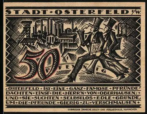 Notgeld Osterfeld 1921, 50 Pfennig, Industriemotiv und Arbeiter mit Lore