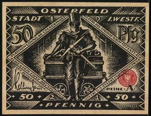 Notgeld Osterfeld 1921, 50 Pfennig, Industriemotiv und Arbeiter mit Lore