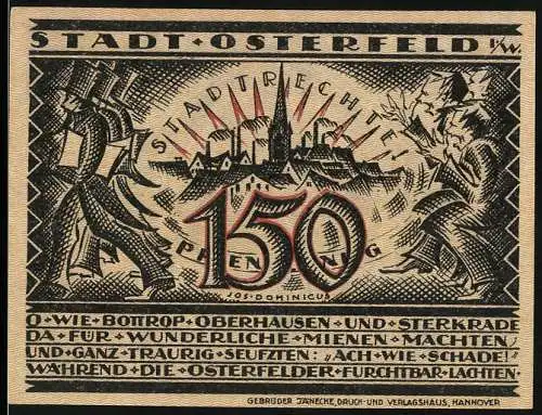 Notgeld Osterfeld, 1921, 150 Pfennig, Stadtansicht und Bergmann mit Lore