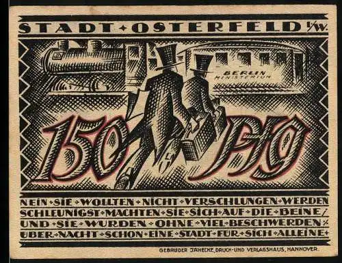 Notgeld Osterfeld, 1921, 150 Pfennig, Männer mit Koffern vor Zug und Mann mit Schubkarre