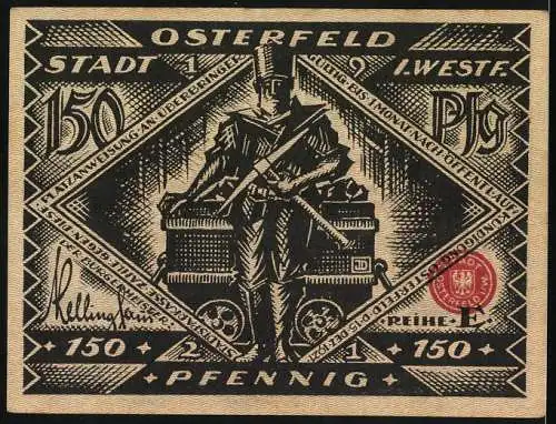 Notgeld Osterfeld, 1921, 150 Pfennig, Männer mit Koffern vor Zug und Mann mit Schubkarre