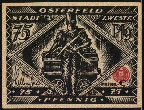 Notgeld Osterfeld, 1921, 75 Pfennig, Kämpfende Männer und Soldat mit Kanone