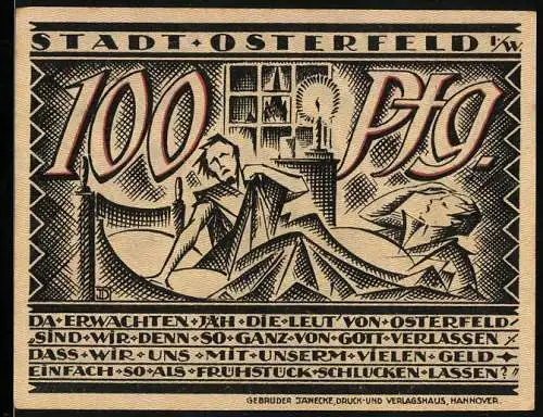 Notgeld Osterfeld, 1921, 100 Pfennig, Szene im Bett und Arbeiter mit Loren