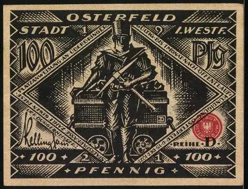 Notgeld Osterfeld, 1921, 100 Pfennig, Szene im Bett und Arbeiter mit Loren