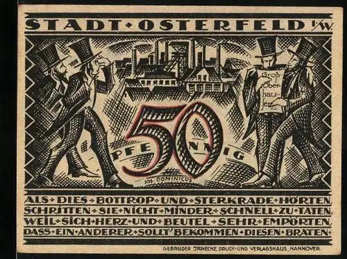 Notgeld Osterfeld 1919, 50 Pfennig, Stadtansicht und Figur mit Truhe