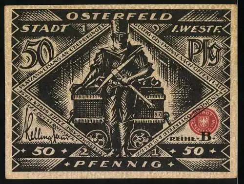 Notgeld Osterfeld 1919, 50 Pfennig, Stadtansicht und Figur mit Truhe