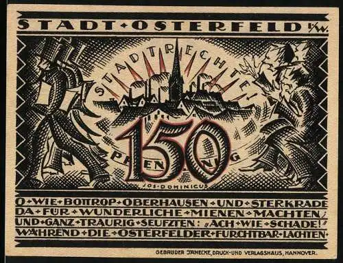 Notgeld Osterfeld, 1921, 150 Pfennig, Stadtansicht und Bergmann mit Lore