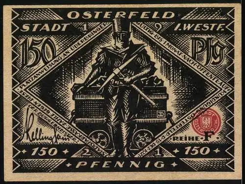 Notgeld Osterfeld, 1921, 150 Pfennig, Stadtansicht und Bergmann mit Lore