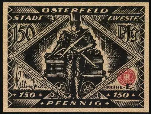 Notgeld Osterfeld 1921, 150 Pfennig, Ministerium und Soldat mit Kanone