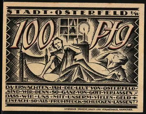 Notgeld Osterfeld, 1921, 100 Pfennig, Mann im Bett und Soldat mit Maschinengewehr