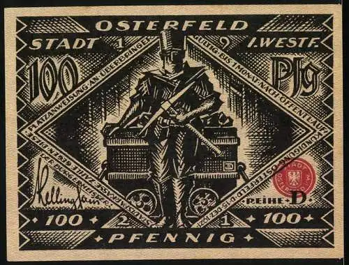 Notgeld Osterfeld, 1921, 100 Pfennig, Mann im Bett und Soldat mit Maschinengewehr