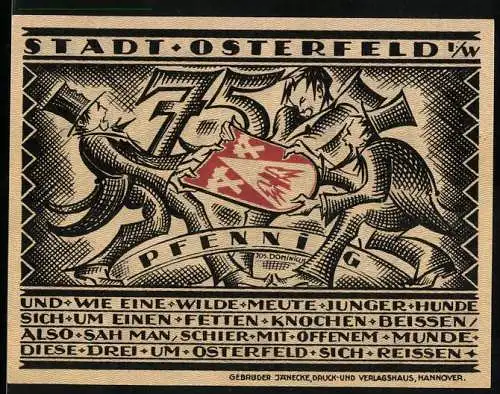Notgeld Osterfeld, 1921, 75 Pfennig, Stadtwappen und Soldat mit Kanone