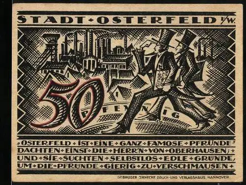 Notgeld Osterfeld 1921, 50 Pfennig, Industrie und Arbeiter mit Karren