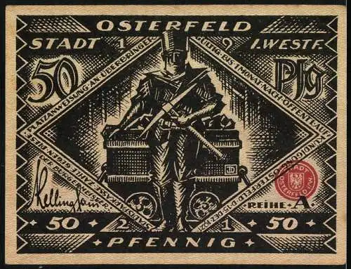 Notgeld Osterfeld 1921, 50 Pfennig, Industrie und Arbeiter mit Karren