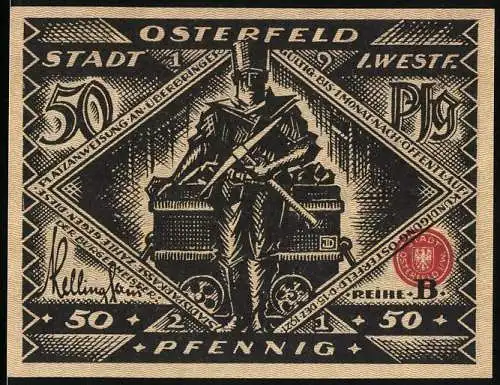 Notgeld Osterfeld 1921, 50 Pfennig, Bergmann mit Förderwagen und Fabrikarbeiter mit Schriftrolle