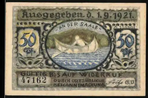 Notgeld Volkstedt an der Saale 1921, 50 Pfennig, Ausgegeben am 1.9.1921, Motiv Bootsfahrt auf der Saale