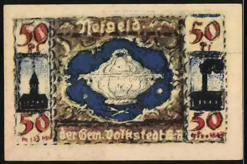 Notgeld Volkstedt an der Saale 1921, 50 Pfennig, Ausgegeben am 1.9.1921, Motiv Bootsfahrt auf der Saale