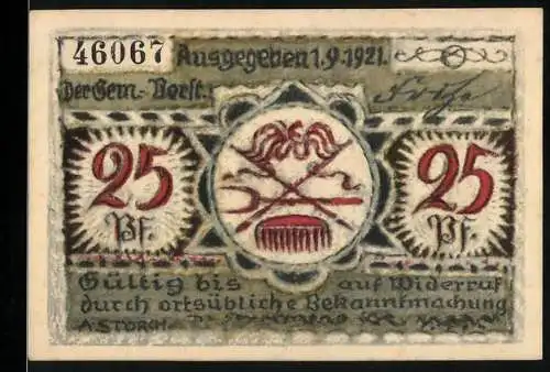 Notgeld Volkstedt 1921, 25 Pf, Seriennummer 46067, Glocke und Porträt auf der Rückseite