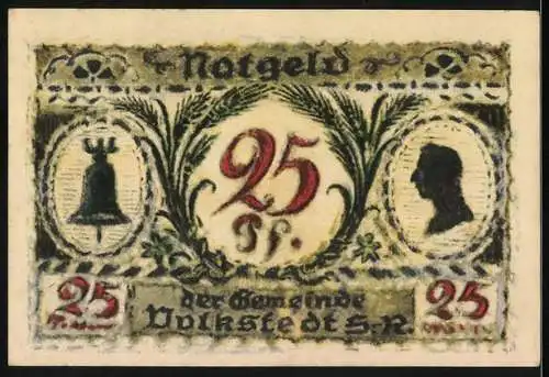 Notgeld Volkstedt 1921, 25 Pf, Seriennummer 46067, Glocke und Porträt auf der Rückseite