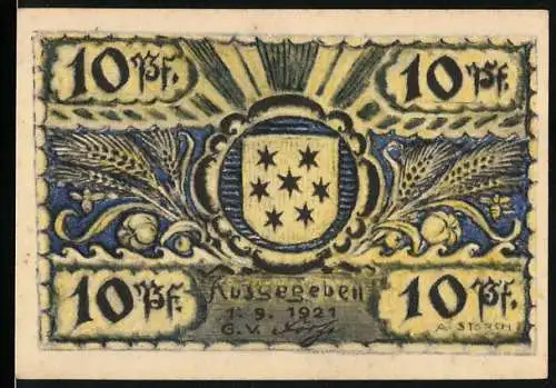 Notgeld Volkstedt, 1921, 10 Pfennig, Wappen und Bootfahrer, Gültig bis Widerruf, Seriennummer 22135