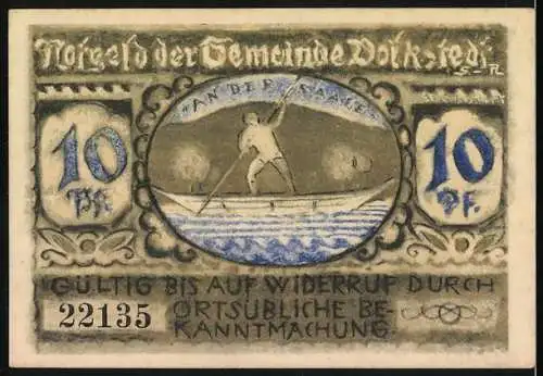 Notgeld Volkstedt, 1921, 10 Pfennig, Wappen und Bootfahrer, Gültig bis Widerruf, Seriennummer 22135