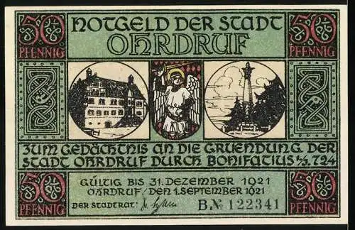 Notgeld Ohrdruf 1921, 50 Pfennig, Bonifatius schlägt das Lager an der Ohra auf