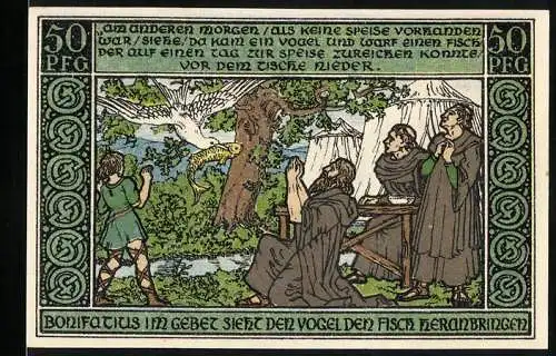 Notgeld Ohrdruf, 1921, 50 Pfennig, Bonifatius im Gebet sieht den Vogel den Fisch heranbringen