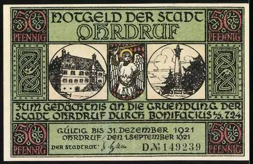 Notgeld Ohrdruf, 1921, 50 Pfennig, Bonifatius im Gebet sieht den Vogel den Fisch heranbringen