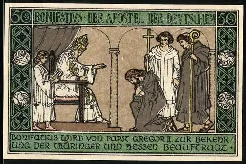 Notgeld Ohrdruf 1921, 50 Pfennig, Gedenkschein zur Gründung durch Bonifatius 724, gültig bis 31. Dezember 1921