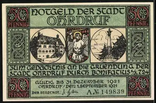 Notgeld Ohrdruf 1921, 50 Pfennig, Gedenkschein zur Gründung durch Bonifatius 724, gültig bis 31. Dezember 1921